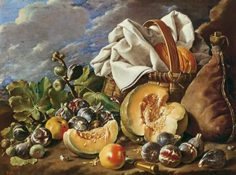 Nature morte avec figues, panier en osier, citrouille, pain, outre à vin et couteau